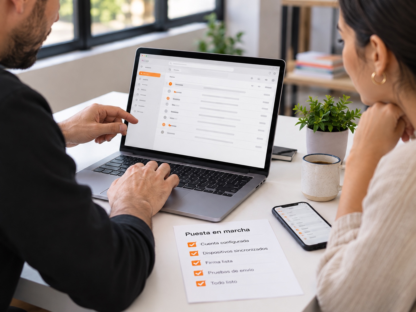 Escena ilustrativa de configuración y entrega guiada del correo corporativo
