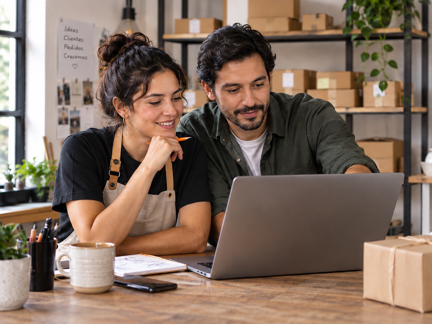 Escena ilustrativa de dos emprendedores trabajando con un portátil en su negocio