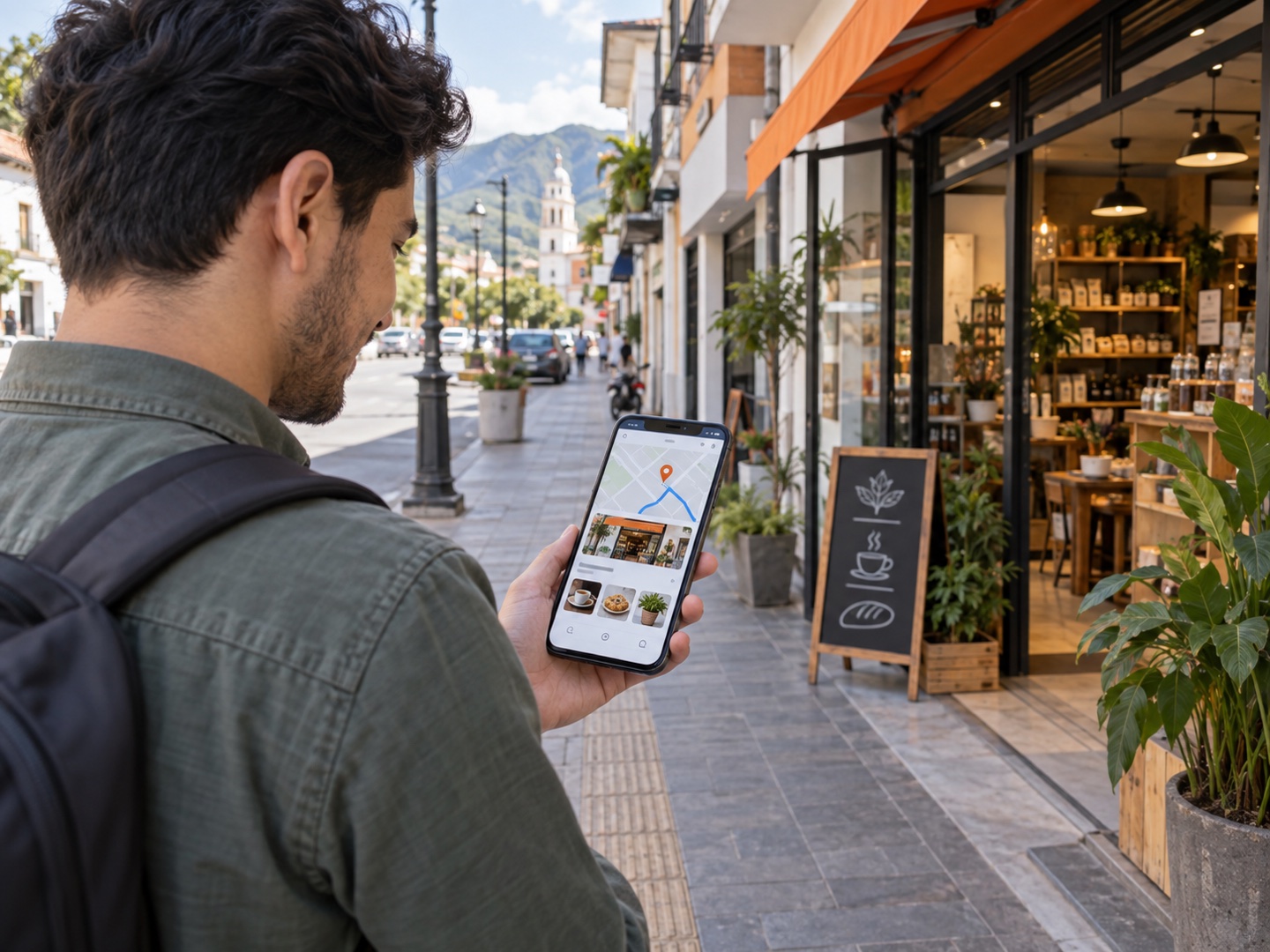 Persona localizando en internet un comercio cercano y llegando al negocio con ayuda del mapa en su teléfono
